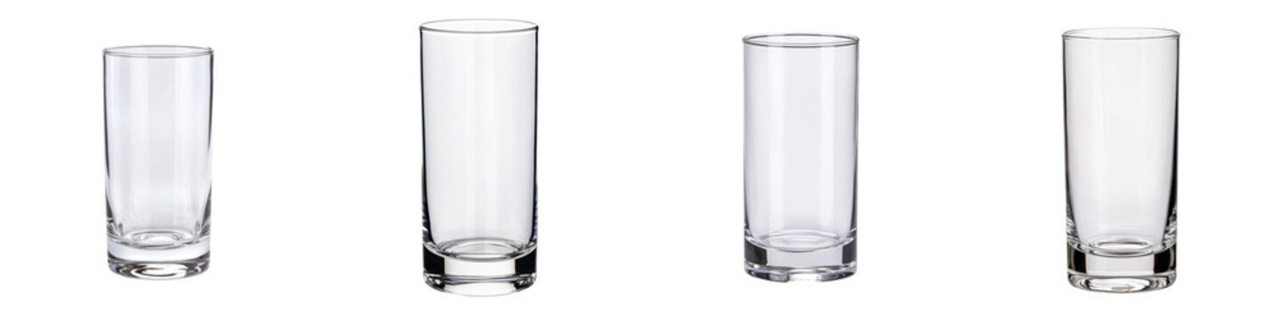 Set of four empty clear glasses in various heights, perfect for serving beverages or as decorative elements. transparent background