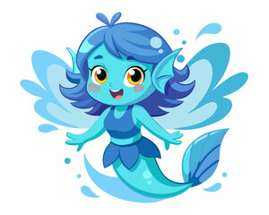 Cute fish girl fairy in water splash on white background 