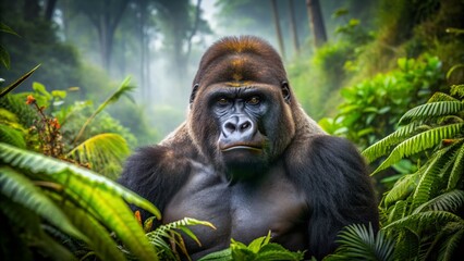 Obraz premium Majestic adult western lowland gorilla stands amidst lush green foliage, intense gaze, muscular build, and shaggy fur, in a serene, misty jungle atmosphere.