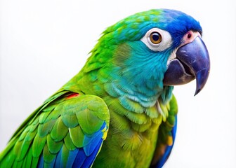 Obraz premium Vibrant blue and green feathered parrot perches on a clean white background, showcasing its distinctive plumage, curved beak, and expressive bright round eyes.