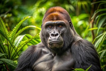 Obraz premium Majestic adult male western lowland gorilla with thick brown fur and broad chest sits calmly in a natural jungle environment with green foliage.