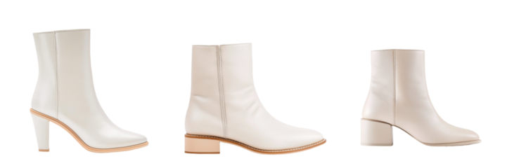 Stylish white boots showcasing a modern design, perfect for various outfits and occasions. Elevate your fashion with these elegant shoes. transparent background