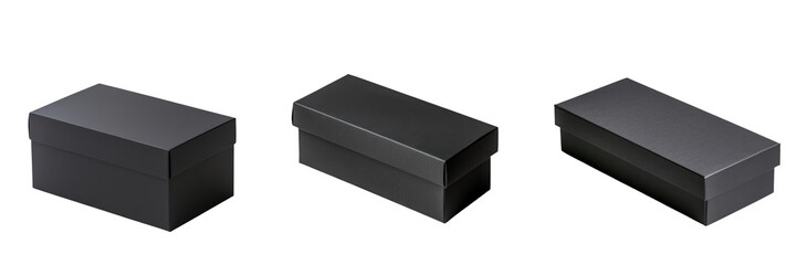 Naklejka premium Three elegant black boxes arranged in a row, perfect for packaging gifts, jewelry, or special occasions. transparent background
