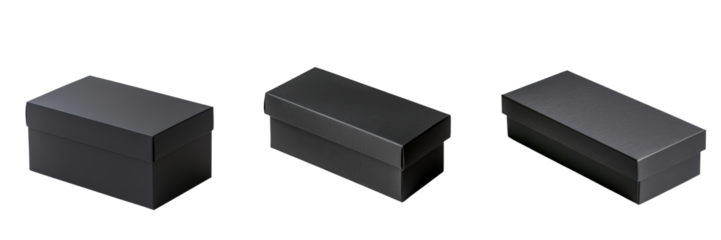 Three elegant black boxes arranged in a row, perfect for packaging gifts, jewelry, or special occasions. transparent background