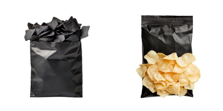 Two black snack bags, one crumpled and one filled with golden potato chips, perfect for food packaging concepts. transparent background