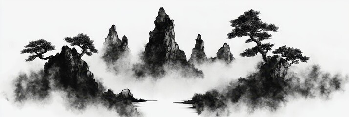 misty mountains, ethereal landscape, pine trees silhouette, watercolor painting, foggy atmosphere, monochromatic palette, minimalist art, tranquil scene, ink wash technique, dreamy forest, abstract na