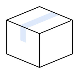 White cube package with light blue tape across the top in three-dimensional minimalist design. Ideal for shipping, packaging, storage, logistics, and delivery. Clean, simple, modern style.