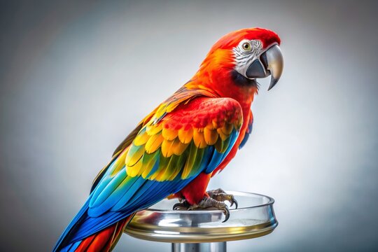 Vibrant, exotic true parrot with radiant plumage, perched on invisible pedestal, set against clear transparent background, perfect for designs requiring bold, eye-catching imagery.