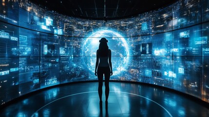 A cutting-edge virtual reality room, user surrounded by hyper-detailed digital environments, interactive 360-degree experience with seamless transitions
