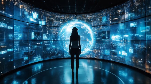 A cutting-edge virtual reality room, user surrounded by hyper-detailed digital environments, interactive 360-degree experience with seamless transitions - Powered by Adobe
