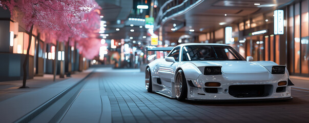 A fictional JDM-tuned white sports car parked on a narrow street next to shop, pink trees resembling sakura. vibrant scene. essence of street racing culture Japanese aesthetics. Generative Ai content 