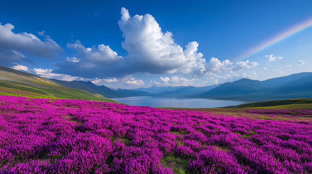 Majestic View of Lush Purple Flower Fields Under a Bright Blue Sky with Stunning Cloud Formations and a River Surrounded by Mountains