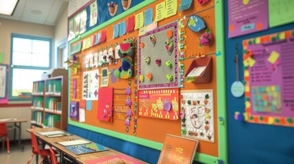 A colorful bulletin board displaying various student projects and announcements