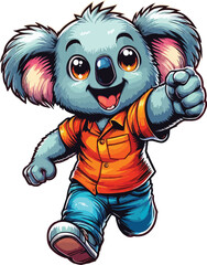 Koala wearing orange shirt and blue jeans with exited expression