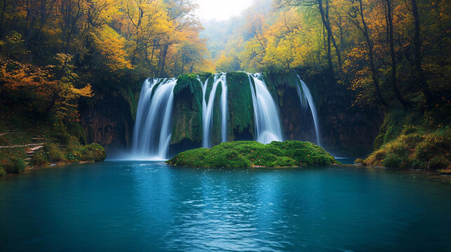 Majestic Waterfall Surrounded by Lush Greenery and Colorful Autumn Foliage Reflecting in Crystal Clear Blue Waters