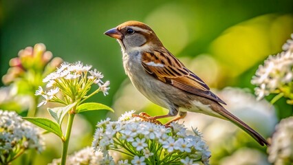 A small, brown female house sparrow perches on a delicate white flower, its bright black eyes shining amidst a backdrop of lush green foliage outdoors.