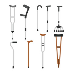 Set of crutches collection, elbow crutches walking stick vector illustration, pair of aluminum crutches walking aid, medical tool for disability or disabled people, Physiotherapy treatment.