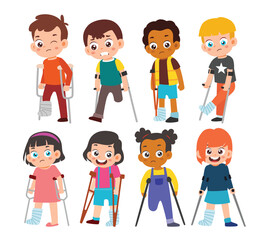 Set of Cute Little Boy and girl kid injured with broken leg in gypsum Kid Children with little children standing on crutches, cartoon teen disabled character broken leg in plaster, accident concept.