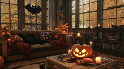 A warm and inviting living room showcases a carved pumpkin on a coffee table, surrounded by candles and autumn decor. Golden leaves shine through the windows as twilight approaches.