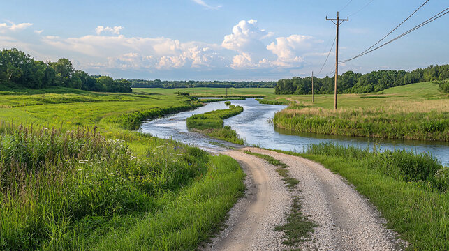 Serene Countryside Landscape with Winding River and Lush Green Fields Under a Clear Blue Sky Perfect for Nature Lovers and Photographers Seeking Peaceful Scenery