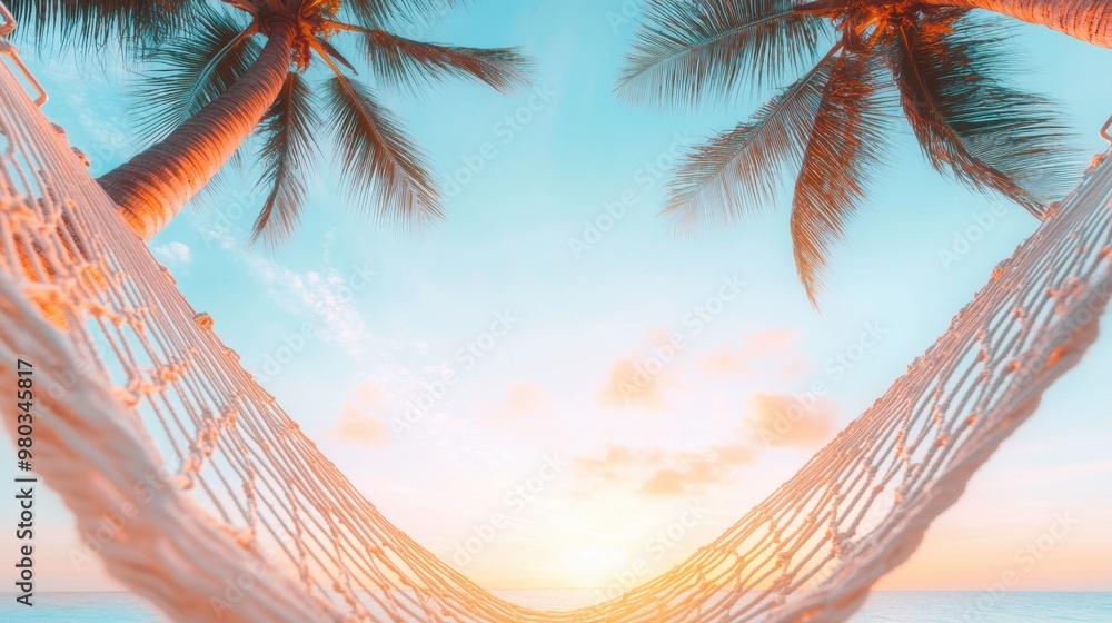 Poster a hammock swaying gently between two palm trees on a secluded beach, with a view of the ocean and a 