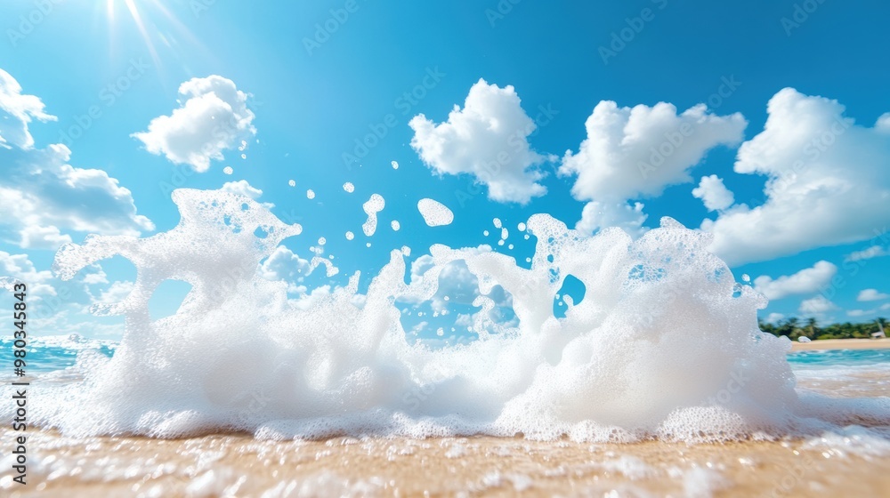 Poster a frothy wave crashing onto the shore, creating a thick layer of white foam, showcasing the power of