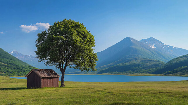 Serene Mountain Landscape Featuring a Tranquil Lake, Lush Green Fields, and a Rustic Wooden Shed Under Clear Blue Skies, Perfect for Nature Lovers and Photographers