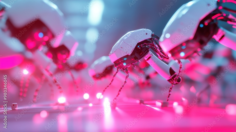 Poster a team of robots working together in a warehouse, performing various tasks like sorting, packing, an