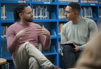 Side view portrait of a Black student speaking with a mental health therapist or guidance counselor in a college library, engaged in a supportive conversation.