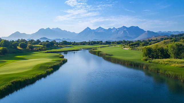 Scenic Golf Course Landscape Surrounded by Breathtaking Mountains and Clear Water for Ultimate Relaxation and Outdoor Experience