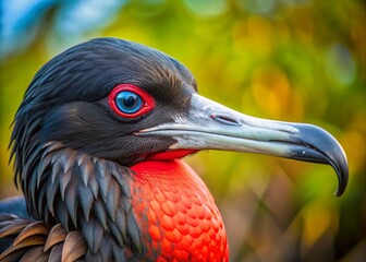 Vibrant close-up of a black frigate bird with striking red eyes, showcasing its distinctive coloration and prominent features in exquisite detail.