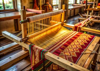A traditional wooden loom holds a partially woven intricate handcrafted sari with golden threads and subtle patterns, awaiting completion in a serene workspace.