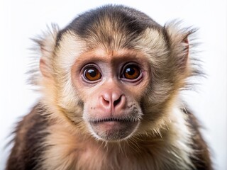 Adorable curious capuchin monkey with expressive eyes and fur, isolated on a transparent background, showcasing its agility and grace in a playful pose.