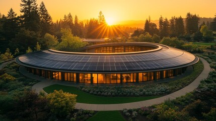 Solar panel array in a perfect circle, placed on a green rooftop, surrounded by trees and nature, bathed in golden hour sunlight