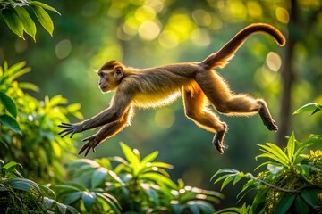 Agile monkey leaps with effortless grace, its brown fur blending with lush green foliage as it bounds from branch to branch in a sun-dappled forest.
