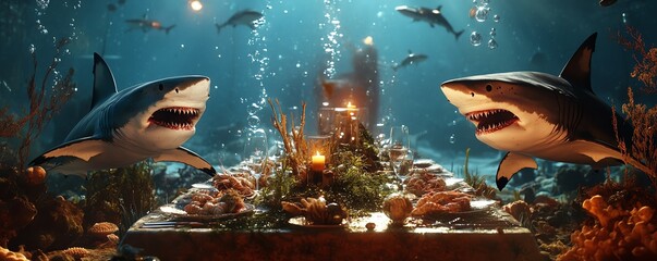 A captivating underwater scene featuring two sharks swimming around an ancient sunken treasure surrounded by vibrant coral.