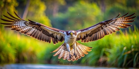 Obraz premium Majestic osprey soaring mid-air, wings outstretched, talons extended, eyes fixed on prey, capturing breathtaking moment of hunting prowess in serene natural surroundings.