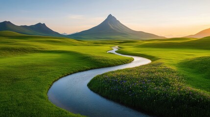 Fototapeta premium A serene river winding through a valley with vibrant wildflowers lining its banks and a towering mountain in the distance.