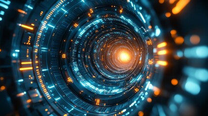 Ultra-modern server room designed in a circular layout, pulsating with streams of data, glowing machine lights illuminating the space