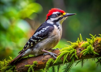 Vibrant hairy woodpecker with distinctive red cap and black back feathers perches on a moss-covered tree branch amidst lush green forest surroundings.