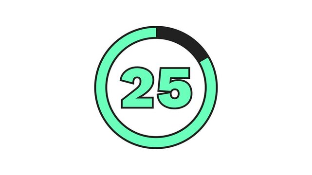 Bold outlined mint green 30-second countdown with a black progress ring on a white background. The progress ring decreases as seconds pass, with thick numbers indicating the time. 4K Motion Graphic