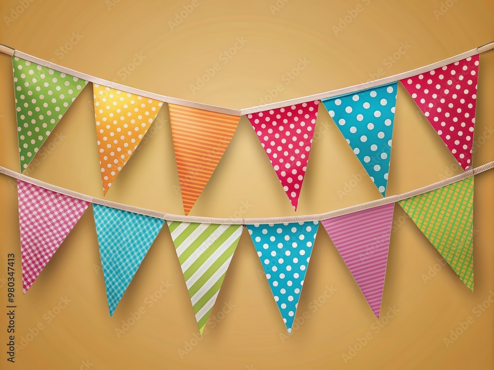 Poster vibrant bunting banner featuring colorful flags with playful polka dots and stripes patterns is beau