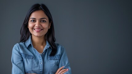 Fototapeta premium Smiling Indian Businesswoman in Jeans Shirt, Gray Background, Corporate Attire, Portrait Shot
