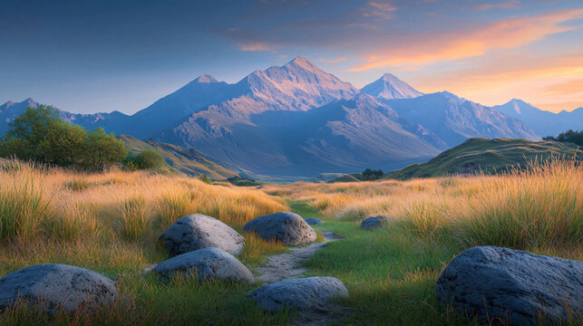 Breathtaking Scenic View of Majestic Mountains and Golden Grass Fields Under Clear Blue Sky at Sunset in the Heart of Nature