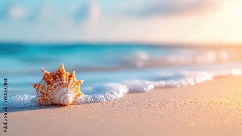 Poster a beautiful seashell with intricate patterns and colors, resting on a sandy beach with waves gently 