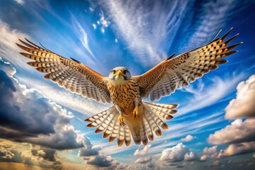 Fototapeta premium A majestic kestrel bird of prey hovers motionless in mid-air, wings outstretched, gaze fixed intently below, against a serene blue sky with scattered white clouds.