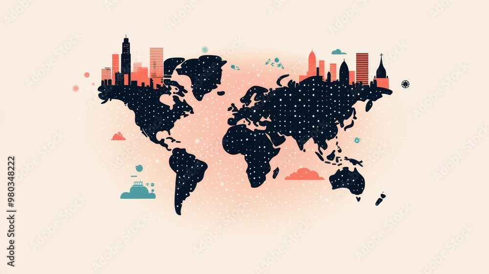 Poster Flat Vector Map with Data Visualization, A flat vector world map showcasing data points or trends through color gradients or icons.