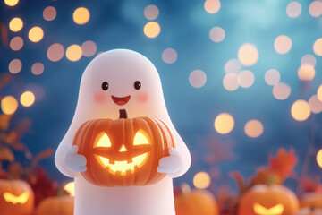 A cute ghost holding a carved pumpkin, surrounded by colorful lights, perfect for Halloween themes and festive decorations.