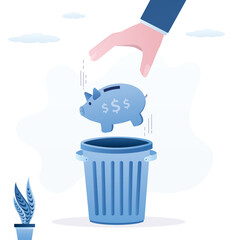 Hand throw piggy bank in trash can, poverty and bad investment concept. businessman throws piggy bank into the garbage. Concept of inflation, devaluation of money, loss of savings.