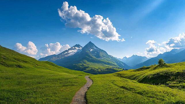Breathtaking Scenic View of Majestic Mountains and Lush Green Landscapes Under a Clear Blue Sky with Fluffy Clouds